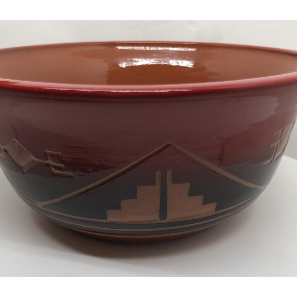 Original Art Pottery Native American Traditional Symbols Bowl Artisan Signed Red - Picture 14 of 16